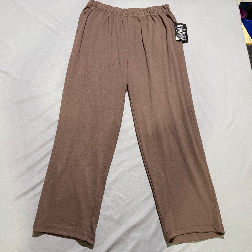 Woman Within Pants Womens L Petite Brown Knit Wide Leg Elastic Waist Loungewear